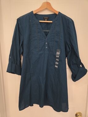 Calvin Klein Jeans XL Cotton Teal Pintuck V-Neck Tunic
